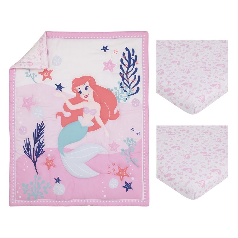 Disney The Little Mermaid Ariel Cute by Nature White and Pink Star Fish and Coral Reef 3 Piece Nursery Mini Crib Bedding Set, 4 of 6