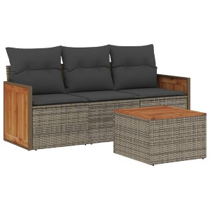 vidaXL 4 Piece Patio Sofa Set with Cushions Gray Poly Rattan - With Table - 1 of 4