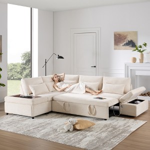 107" Convertible Modular L-Shaped Sectional Sofa with Pull-Out Sofa Bed, Storage Ottoman, and Charging Prots - 1 of 4