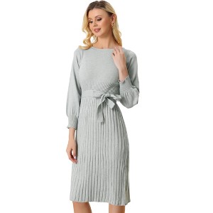 Allegra K Women's Knit Belted Round Neck Lantern Sleeves Casual Pleated Sweater Dresses - 1 of 4