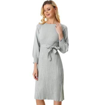Allegra K Women's Knit Belted Round Neck Lantern Sleeves Casual Pleated Sweater Dresses