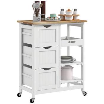HOMCOM Rolling Kitchen Island Cart, Bar Serving Cart, Compact Trolley on Wheels with Wood Top, Shelves & Drawers for Home Dining Area