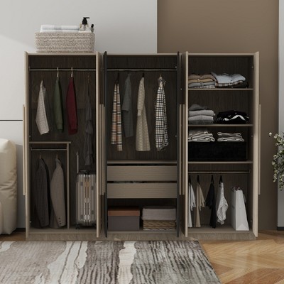 Vynxaria 6-Door Wooden Wardrobe with 2 Drawers Inside - Chic Black & Natural Storage for Bedroom Essentials