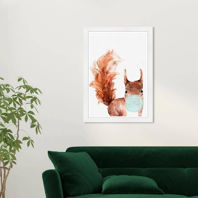 Wynwood Studio 15"x21" Squirrel Bubblegum Wall Art White Frame: Modern Mixed Media Animal Canvas, Wood Composite Frame