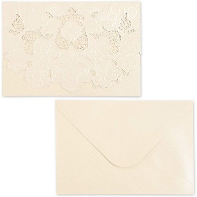 Paper Junkie 24-Pack Laser Cut Ivory Lace Invitations Cards with Envelopes for Wedding Bridal Shower, 7x5 in