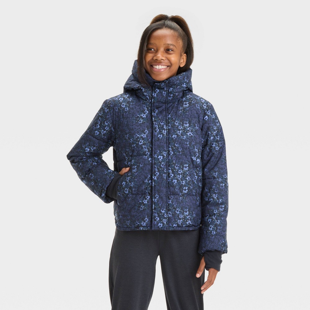 Girls' Floral Printed Puffer Jacket - All In Motion™ Black Size XS