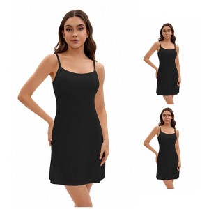 INSPIRE CHIC Women's 3 Packs Adjustable Spaghetti Strap Underdress Full Slips with Built-in Bra Shapewear - 1 of 4