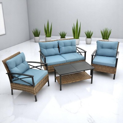 4-Piece Patio Sectional Low Dining Sofa Set with Steel Table, Blue Cushions, and Detachable Covers – Comfortable Outdoor Conversation Set