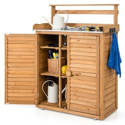 Costway Outdoor Potting Bench with Galvanized Metal Countertop 3 Hanging Hooks Natural