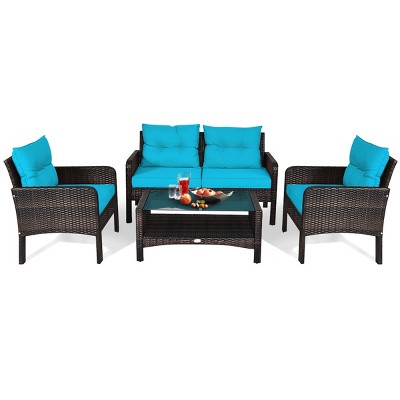 Tangkula 4 Piece Patio Conversation Set Rattan Wicker Loveseat Sofa Coffee Table & Glass Top Red/Turquoise Cushions