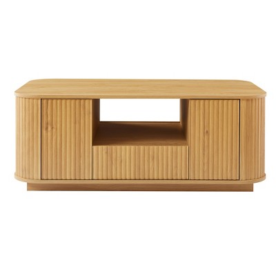 Vynxaria Modern Luxury Oval Coffee Table, 46.5"L×27.2"W×17.7"H, Natural Wood Grain, 2 Drawers + 4-Door Hidden Storage + Open Shelf, Curved Contour