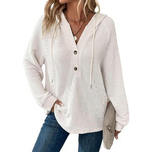 Clearlove Women's Long Sleeve Buttoned Pullover V-Neck Hoodie Drawstring Sweatshirt Shirt - 1 of 4