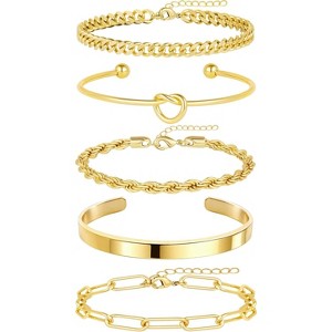 14K Gold Plated Chunky Cuff Bracelet Set for Women with Tie Knot Cuban Rope Paperclip Beaded Designs, Non Tarnish - 1 of 4