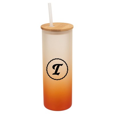 Elanze Designs I Monogram Letter Initial Rope Circle Wrap-Around Design 25 Ounce Frosted Gradient Glass On-The-Go Coffee Travel Skinny Tumbler Mug