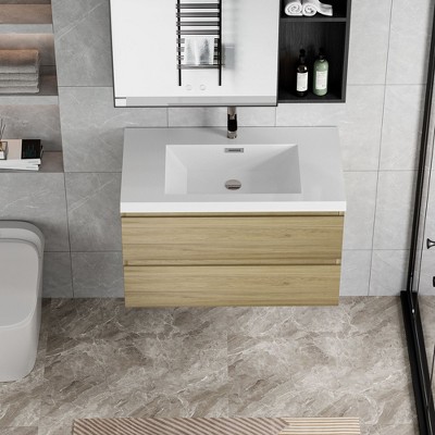 NicBex Floating Bathroom Vanity with Sink,Bathroom Sink Vanity with Basin and 2 Drawers,24/30/36/42 inch Bathroom Sink Cabinet,Oak/White