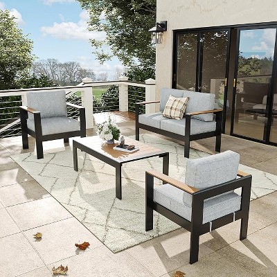 LayinSun 4 Pieces Aluminum Outdoor Patio Furniture Set with Coffee Table, Outside Metal Patio Conversation Sets with Deep Seating and Thick Cushions