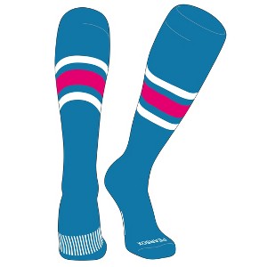 PEAR SOX Striped OTC Baseball, Softball, Football Socks (B) Turquoise, White, Hot Pink (S) - 1 of 3