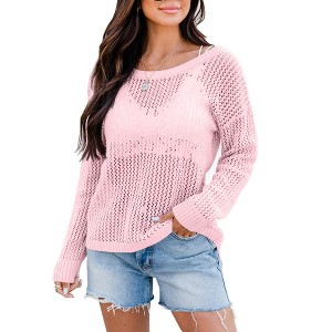 Women's Crochet Tops Long Sleeve Hollow Out Beach Summer Sweater Boho Knit Coverup - 1 of 1