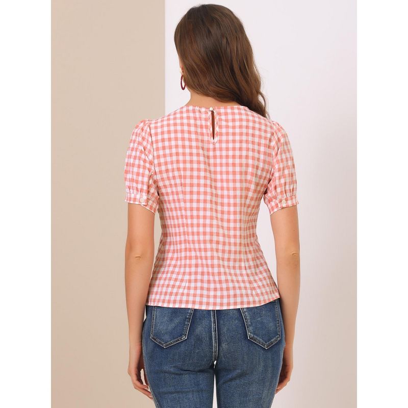 Allegra K Women's Vintage Crew Neck Puff Sleeve Casual Plaid Gingham Blouse, 3 of 7