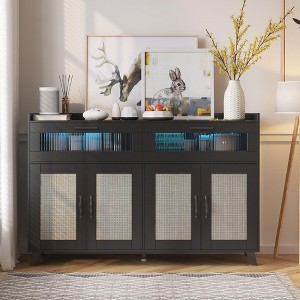 Sideboard Buffet Cabinet with Power Outlet & LED Light, Coffee Bar Cabinet with 2 Fluted Acrylic Drawers & 4 Rattan Doors - 1 of 4