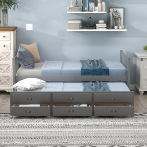 Twin Size Bed with Trundle and Storage Drawers, Wood Platform Bed for Bedroom or Guest Room-Baofuwish - 1 of 4