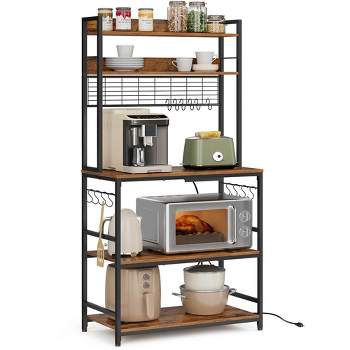 VASAGLE ALINRU Kitchen Bakers Rack Cupboard with 10 Hooks, Mesh Panel, 3 Shelves, and Adjustable Feet, for Microwave Oven