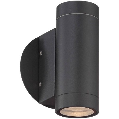 Possini Euro Design Modern Outdoor Wall Light Fixture Matte Black Cylinder 6 1/2" Tempered Glass Lens Up Down for Exterior House