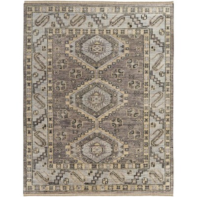 Ivory Gray And Brown Wool Geometric Hand Knotted Area Rug With Fringe