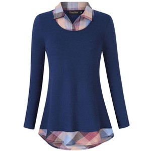 Clearlove Women's Casual Contrast Collar Shirt Long Sleeve Slim Fit Tunics Top - 1 of 3