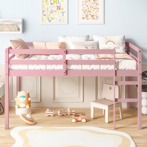 Dolonm Solid Rubber Wood Twin Loft Bed with Ladder, Low-Height Design & Strengthened Slats, 78.6"L x 42.5"W x 44.3"H, Ample Under-Bed Storage - 1 of 4
