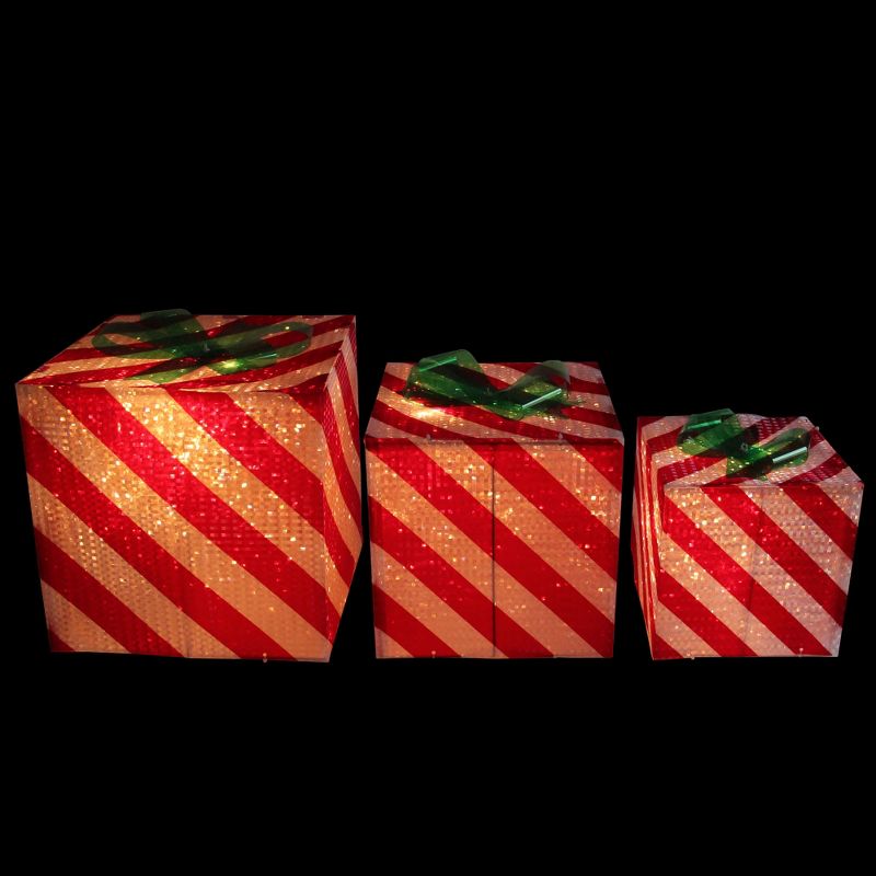 Northlight Set of 3 Red and White Striped Gift Box Outdoor Christmas Decor, 2 of 6