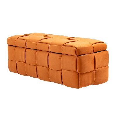 VYNXARIA Exquisite Orange Velvet Storage Footstool for Bedroom with Safety Hinges