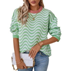 Coolmee Women's Colorblock Sweaters Trendy Crewneck Oversized Sweater Fall Casual Pullover Knit Sweater - 1 of 4