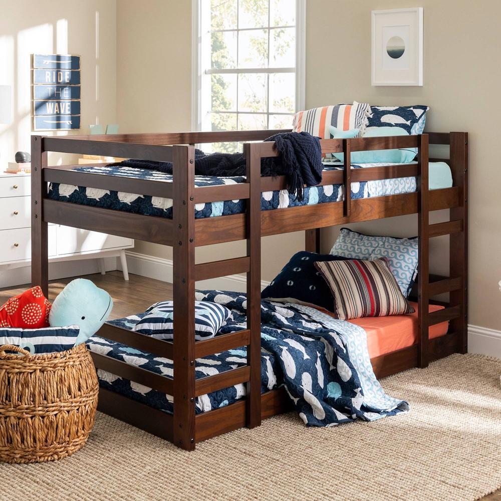 Twin Over Twin Indy Solid Wood Low Kids' Bunk Bed Walnut: Built-In Ladders & Guard Rails, Pine Frame - Saracina Home