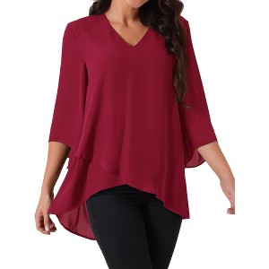 Seta T Women's High Low Asymmetrical Chiffon 3/4 Bell Sleeve V Neck Irregular Hem Casual Blouse - 1 of 4