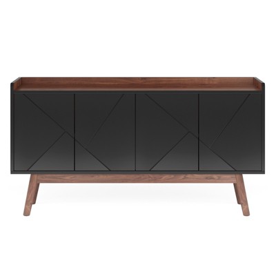 Lirago,4-Door Wood Accent Storage Cabinet – Elegant Black Walnut Design with Geometric Black Doors – Kitchen & Living Room Organize