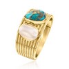Ross-Simons Turquoise and 6x8mm Cultured Pearl Toi Et Moi Ring in 18kt Gold Over Sterling - 3 of 4