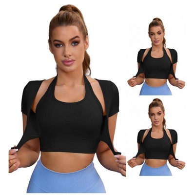INSPIRE CHIC 3 Packs Women's Halter Neck Push Up Sports Bra Short Sleeve Workout Crop Top Fitness T Shirt