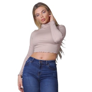 Slickblue Women's Taupe Long Sleeve Top, Purl Edge Detail, Layered Blouse for Day to Night, S - 1 of 4