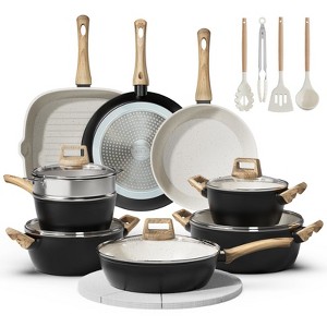Aoibox 24-Piece Nonstick Ceramic Cookware Set with White Interior & Black Exterior, PFAS/PTFE/PFOA Free, Includes Pots, Pans & Utensils - 1 of 4