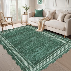 10x13 Large Scalloped Solid Washable Area Rug, Low-Pile Non-Slip Carpet for Living Room, Bedroom, Dining, Home Office, Green - 1 of 4