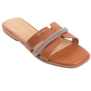 bebe Women's Slide Sandals - Slip-On Comfort with Rhinestone, Pearl, and Logo Embellished Straps - Casual Flat Sandals - 1 of 4