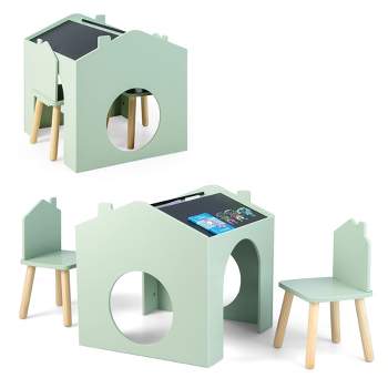 Costway 3 Piece Kids Wooden Table and Chair Set with  Blackboard for Drawing Reading Green/Gray/White