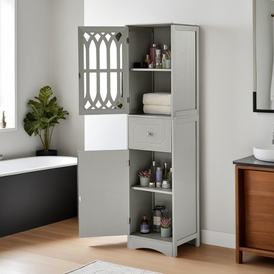 Slim Tall Bathroom Storage Cabinet with Adjustable Shelf, Drawer and 2 Doors, Freestanding Linen Tower - Leovsnove