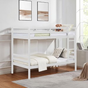 MAYEERTY Twin over Twin Bunk Bed with Ladder, Wooden Bed Frame with High Guardrail and Ladder for Kids, No Box Spring Needed, White - 1 of 4