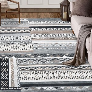 2x6 FT Vintage Patchwork Runner Rug,Washable Grey Non-Slip Geometric Carpet, Stain-Resistant Indigenous Soft Low-Pile Foldable Floor Mat - 1 of 4