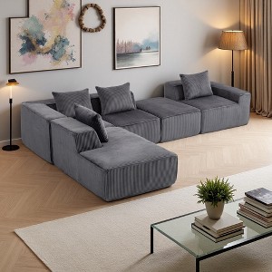 Corduroy Modular L-Shaped Sectional Sofa with High-Density Sponge, 5 Pillows - 1 of 4