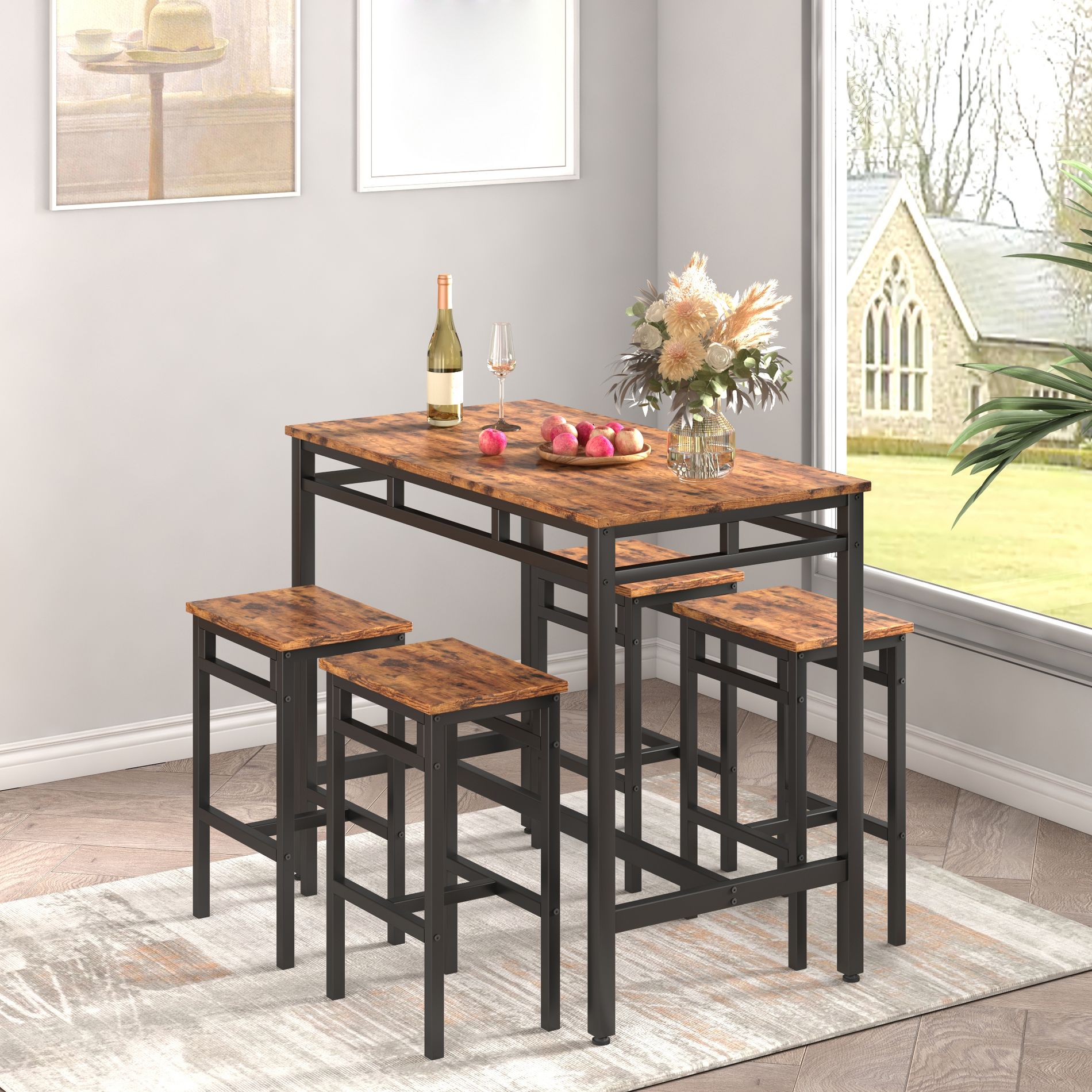 5 Piece Bar Table Set, Kitchen Dining Table with 4 Stools, Counter Height Bar Table and Chair Set, Breakfast Table for Kitchen Living Room Small Space