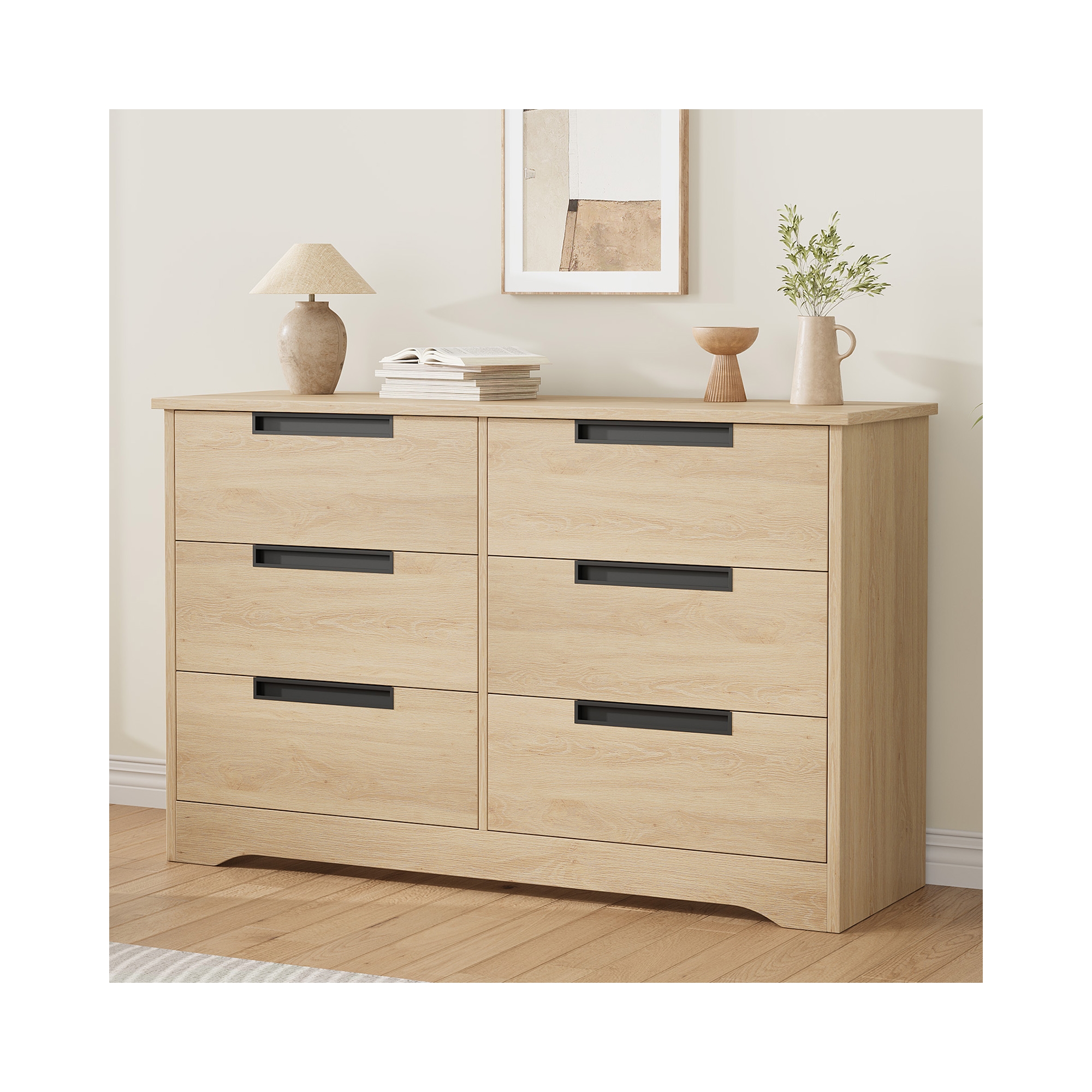 6 Drawer Dresser for Bedroom, Natural Modern Double Dresser Organizer with Embedded Handles Design, Wooden Chest for Living Room Nursery Hallway