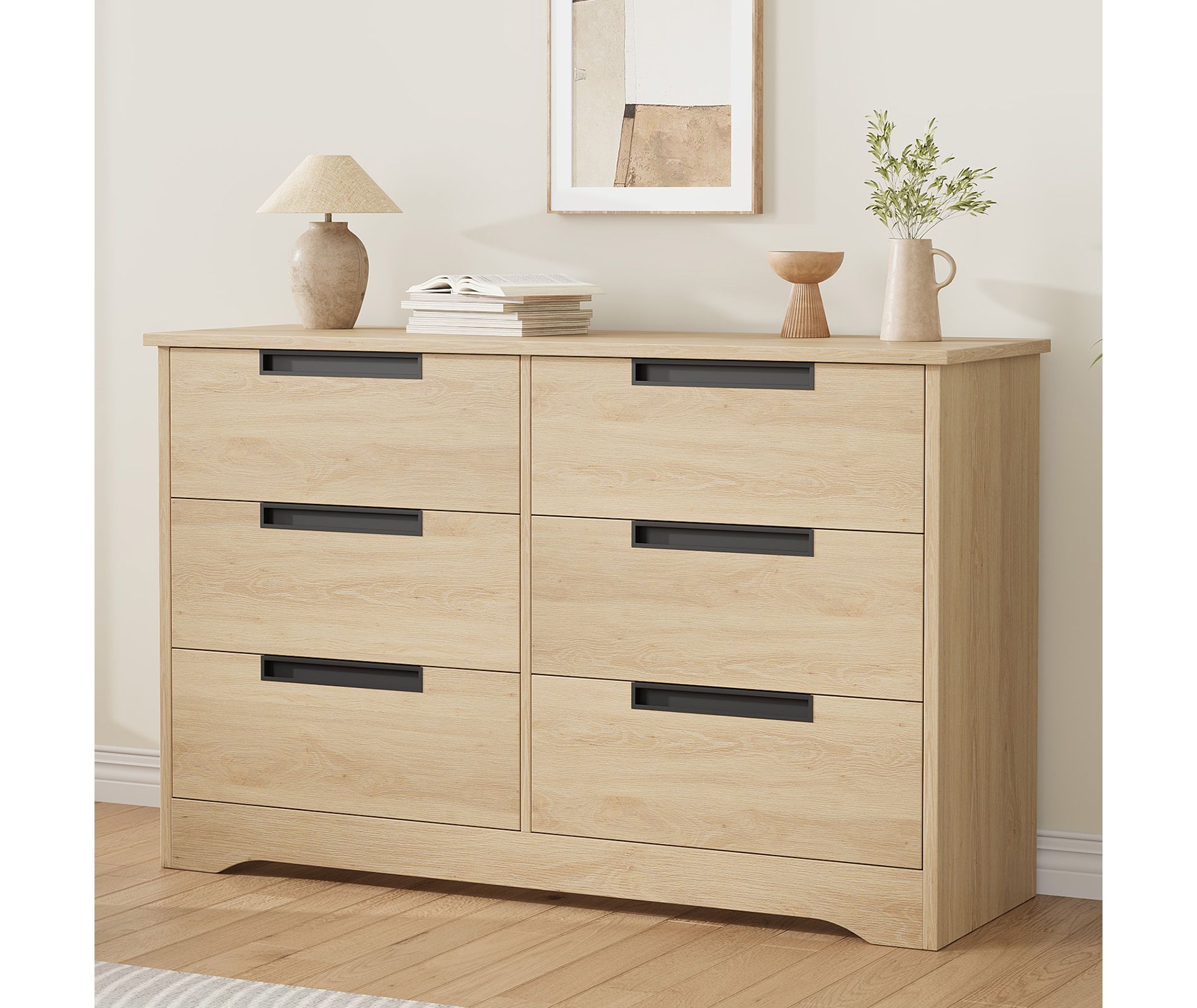 6 Drawer Dresser for Bedroom, Natural Modern Double Dresser Organizer with Embedded Handles Design, Wooden Chest for Living Room Nursery Hallway
